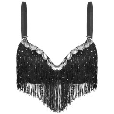 Sequin Tassel Rhinestone Push Up Belly Dance Top Bra - Black