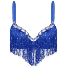 Sequin Tassel Rhinestone Push Up Belly Dance Top Bra - Royal Blue