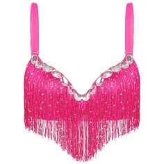 Sequin Tassel Rhinestone Push Up Belly Dance Top Bra - Hot Pink