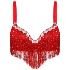 Sequin Tassel Rhinestone Push Up Belly Dance Top Bra - Red