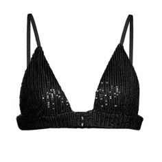 Glittering Sequins Beading Padded Push Up Spaghetti Strap Deep V Neck Bra - Black