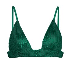 Glittering Sequins Beading Padded Push Up Spaghetti Strap Deep V Neck Bra - Green