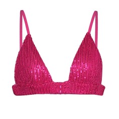 Glittering Sequins Beading Padded Push Up Spaghetti Strap Deep V Neck Bra - Rose