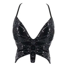 Sparkly Sequin Bandage Bra Belly Dance Vest Tank Butterfly Crop Top - Black