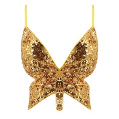 Sparkly Sequin Bandage Bra Belly Dance Vest Tank Butterfly Crop Top - Gold