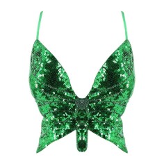 Sparkly Sequin Bandage Bra Belly Dance Vest Tank Butterfly Crop Top - Green