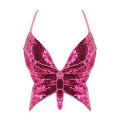 Sparkly Sequin Bandage Bra Belly Dance Vest Tank Butterfly Crop Top - HotPink