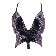 Sparkly Sequin Bandage Bra Belly Dance Vest Tank Butterfly Crop Top - Black Purple