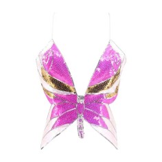 Sparkly Sequin Bandage Bra Belly Dance Vest Tank Butterfly Crop Top - HotPink Gold