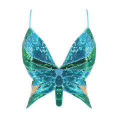 Sparkly Sequin Bandage Bra Belly Dance Vest Tank Butterfly Crop Top - SkyBlue Green