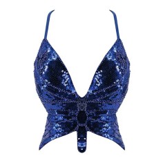 Sparkly Sequin Bandage Bra Belly Dance Vest Tank Butterfly Crop Top - Blue