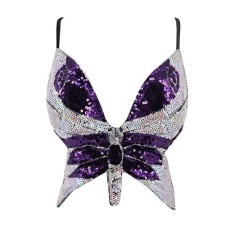 Sparkly Sequin Bandage Bra Belly Dance Vest Tank Butterfly Crop Top - Purple