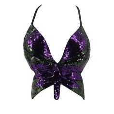 Sparkly Sequin Bandage Bra Belly Dance Vest Tank Butterfly Crop Top - Purple Green