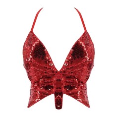 Sparkly Sequin Bandage Bra Belly Dance Vest Tank Butterfly Crop Top - Red