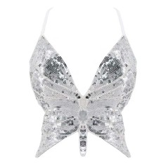 Sparkly Sequin Bandage Bra Belly Dance Vest Tank Butterfly Crop Top - Silver