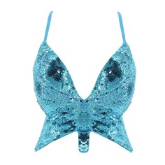 Sparkly Sequin Bandage Bra Belly Dance Vest Tank Butterfly Crop Top - SkyBlue