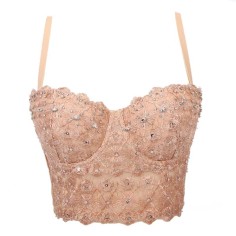 Lace Rhinestone Sequined Crop Top Glitters Tube Top Bralette - Beige