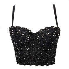 Lace Rhinestone Sequined Crop Top Glitters Tube Top Bralette - Black