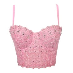 Lace Rhinestone Sequined Crop Top Glitters Tube Top Bralette - Pink