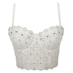 Lace Rhinestone Sequined Crop Top Glitters Tube Top Bralette - White