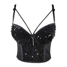 Mesh Stitching Velvet Sequined Crop Top Bead Embroidery Sling Sleeveless Tube Top Bralette - Black