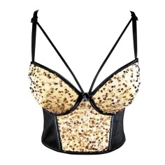 Mesh Stitching Velvet Sequined Crop Top Bead Embroidery Sling Sleeveless Tube Top Bralette - Gold