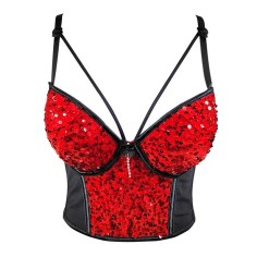 Mesh Stitching Velvet Sequined Crop Top Bead Embroidery Sling Sleeveless Tube Top Bralette - Red