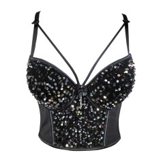 Mesh Stitching Velvet Sequined Crop Top Bead Embroidery Sling Sleeveless Tube Top Bralette - Silver