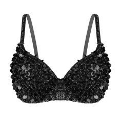 Glittering Sequins Beading Padded Push Up Belly Dance Bustier Bra - Black