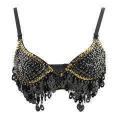 Halter Belly Sequin Tassel Push Up Belly Dance Top Bra - Black