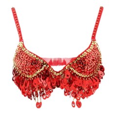 Halter Belly Sequin Tassel Push Up Belly Dance Top Bra - Red
