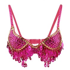 Halter Belly Sequin Tassel Push Up Belly Dance Top Bra - Rose Red