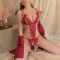 Sexy Crotchless Floral Lace Hollow Deep V Neck Erotic G String Lingerie Set - Red