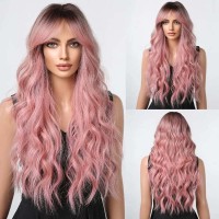 Natural Wave Hair Synthetic Daily Party High Density Heat Resistant Long Wigs - Pink Synthetic