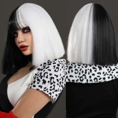 Natural Wave Hair Synthetic Daily Party High Short Straight Bob Dalmatians Cruella Wigs - Black White Synthetic