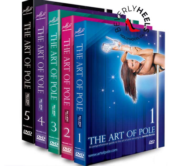 Jamilla Deville - The Art of Pole - 5 Disk Collection - Designed to lead pole dancers all the way through from basic steps around the pole to some of the most advanced pole moves and transitions, The Art of Pole Collection is a definitive guide to pole dancing. Combining single move tuition with small combinations and then mini-routines, all aspects of this art form are catered for: walks, spins, climbs, inversions, mounts and dismounts; smooth transitioning, snappy combinations, and the touches that make pole moves into pole dance.

The series covers all levels from Beginner through to Advanced, all with comprehensive detailed instruction and demonstration. Also includes two levels of pole specific warm-ups and cool-downs for both on and off the pole, two levels of pole conditioning, a focus section on body rolls, plus exclusive live performances. in Pole Dancing DVDs