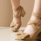 Round Toe Chunky Heels Ankle Buckle Cross Straps Bowknot Low Platforms Pumps - Apricot Flock