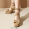 Round Toe Chunky Heels Ankle Buckle Cross Straps Bowknot Low Platforms Pumps - Apricot Flock
